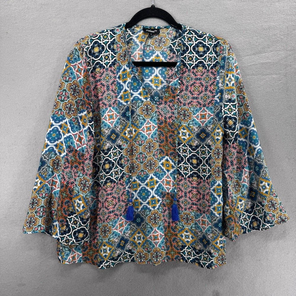Tolani Blouse Womens Size S‎ 100% Silk Yellow Top Tassel Popover Office Peasant